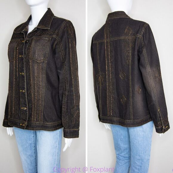 Laura Ashley brown beaded embroidered button up jean jacket, size M - Picture 4 of 16